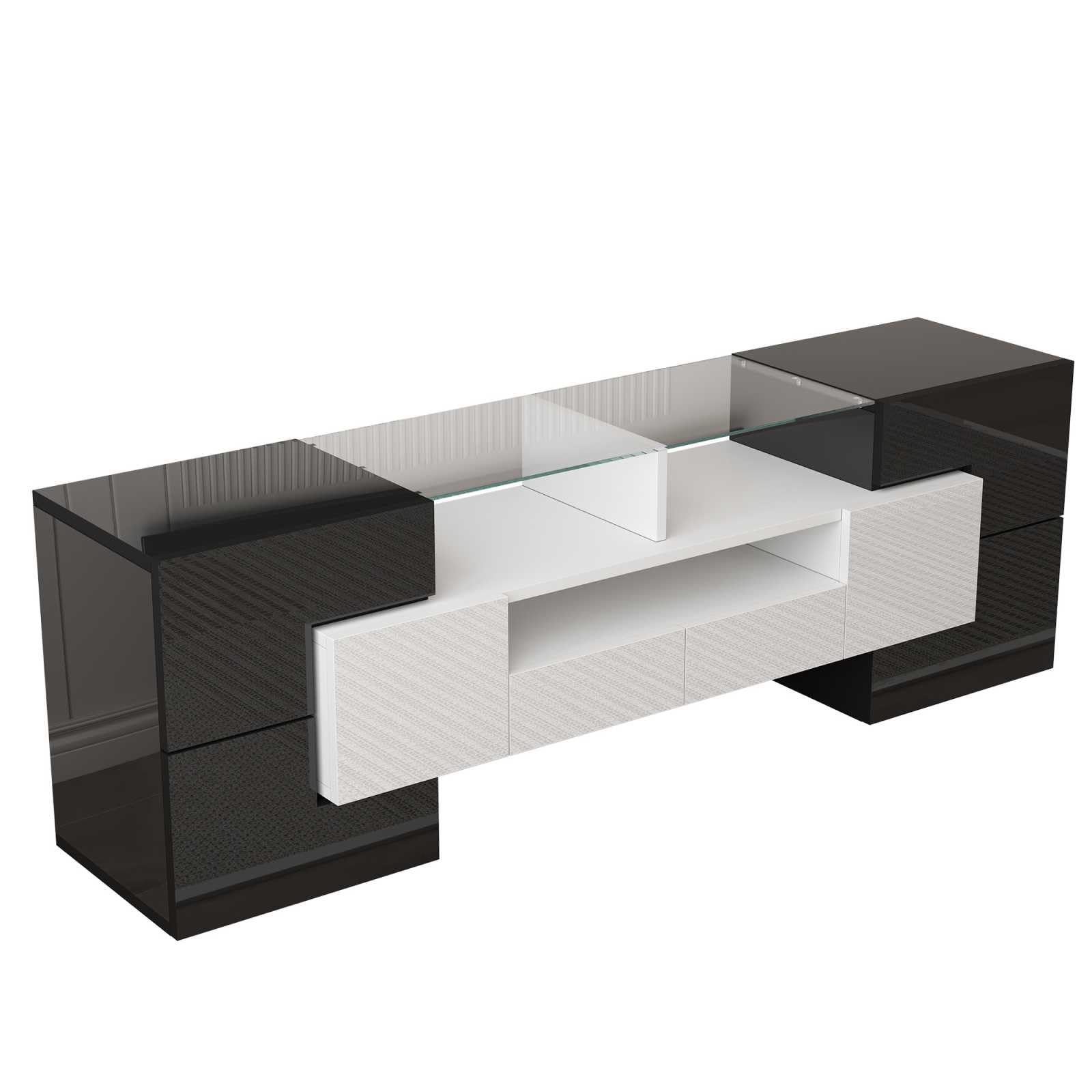 YEHTOKHOME Meuble TV Moderne,Meuble TV Multifonctionnel avec éclairage LED,Meuble avec 6 Portes et 2 tiroirs, organizzatore avec Espace de Rangement (Noir + Blanc)