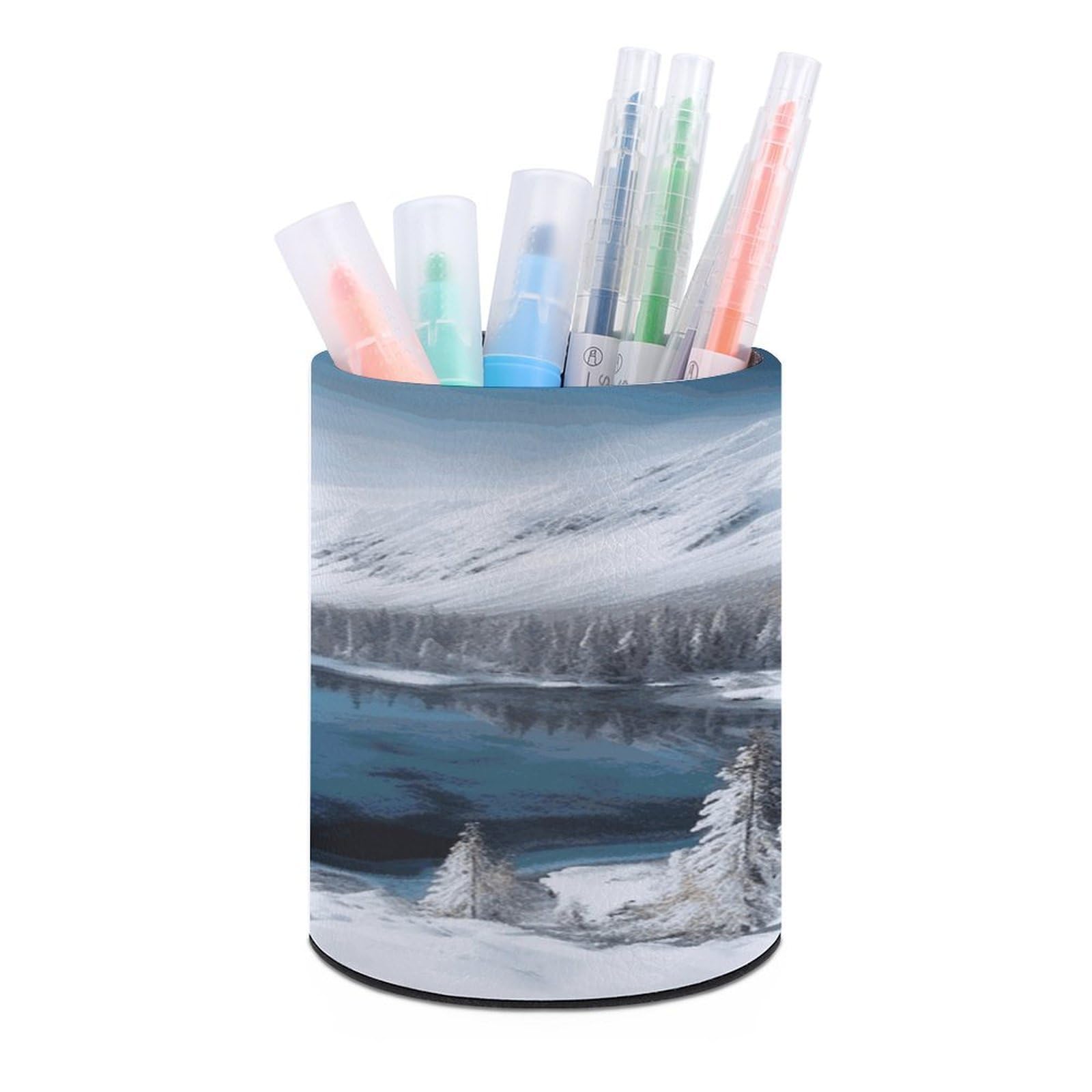LDGSUPH Winter Mountains Snow Scene Round Pen Holder Leather Pen Cup Pencil Cup Pen Organizer Pencil Holder for Desk Organizer Pencil Organizers Makeup Brush Holders for Home Office Gift
