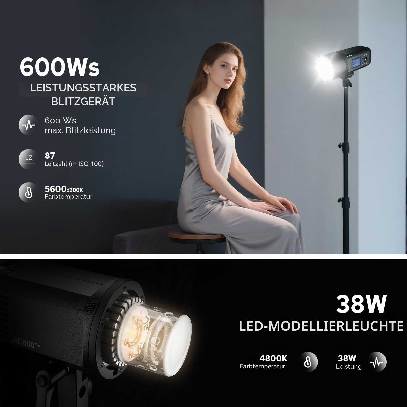Godox AD600Pro Blitzlicht für Canon Nikon Sony Fuji Olympus Panasonic Kameras, 360 Vollblitze, 0.01-0.9s Zykluszeit, HSS 1/8000s 2.4G Wireless X System, 600Ws TTL Blitz mit 2600 mAh Batterie