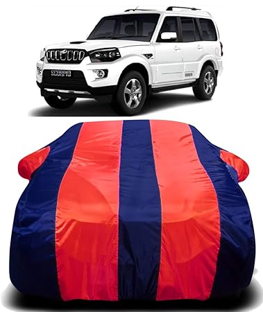 R RAYVIN STAR Imported Quality 190T Imported Fabric Car Cover for Mahindra Scorpio with Ultra Surface Body Protection (Red Stripes)