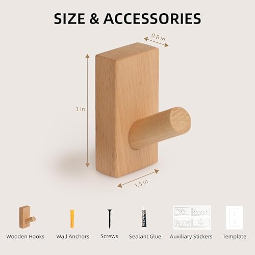 Miniatura 6 de Paquete de 4 ganchos de madera para pared, de madera natural, ahorro de espacio, sin daños, adhesivos para entrada, dormitorio, puerta de cocina,