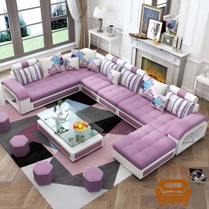 Image of Brown Maple U-Shape Sectional Sofa Set for Home | 10-Seater Fabric Sofa with Tea Table & 4 Puffy | Spacious Seating for 14 Persons | Pre-Assembled, Modern Comfort Design(Pink)