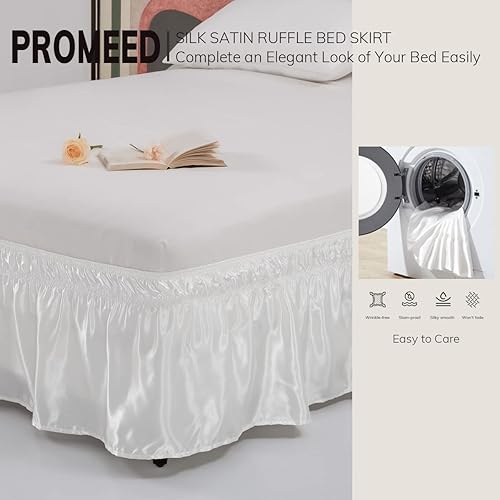Miniatura 6 de Faldas de cama de satén de seda, tamaño King, caída de 18 pulgadas con 10 alfileres de falda de cama, fáciles de instalar y resistentes a las