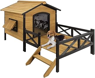 Wooden Large Dog House 43.3" L x 69.9" W x 32.7" H Extreme Outback Log Cabin Weatherproof Outdoor Pet Kennel, Cabin Style Elevated Pet Shelter w/Porch Deck