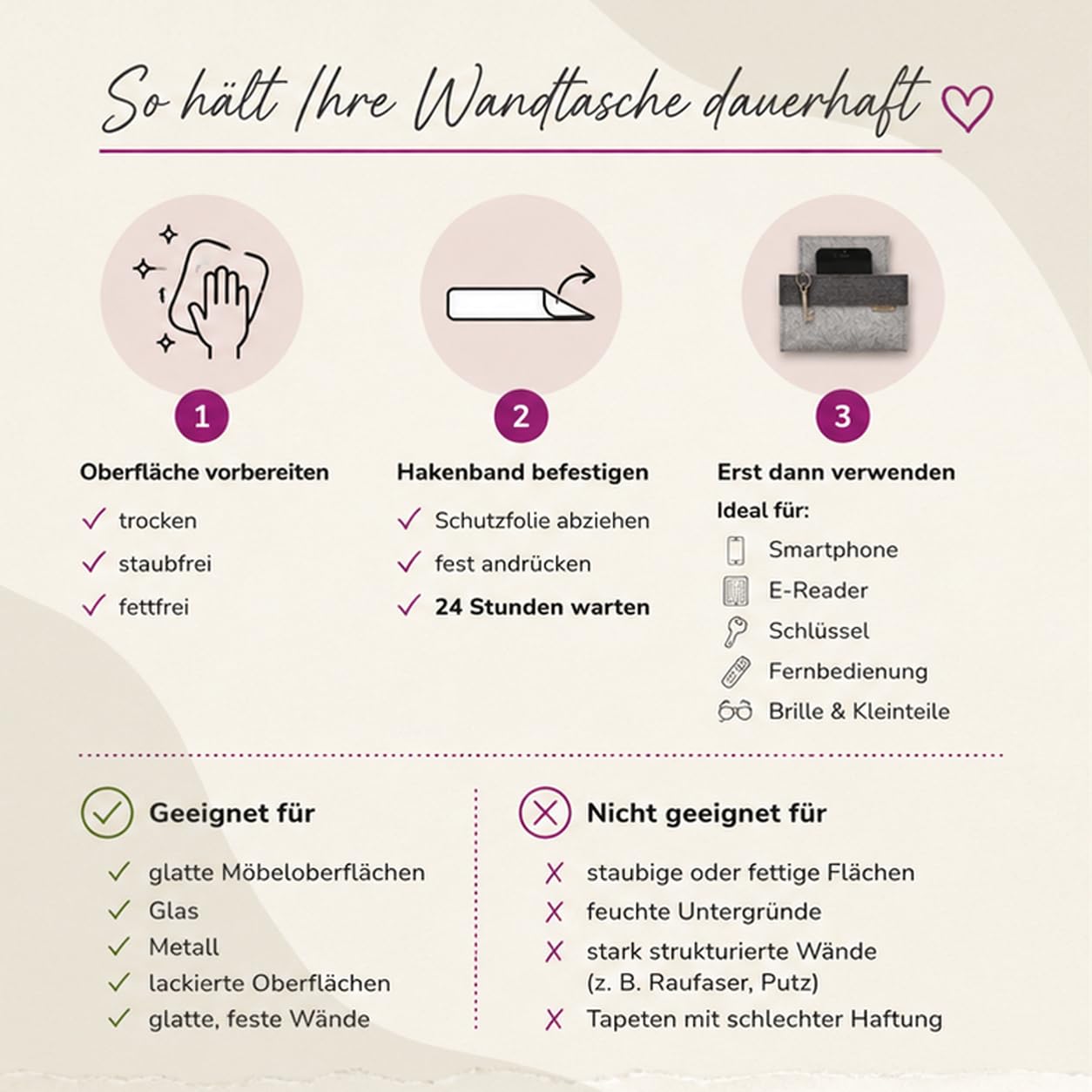 Filzstudio Wandtasche aus Wollfilz - Klebe-Klett - kleiner Wandorganizer für Wohnmobil, Bett & Flur, handgefertigte Filztasche aus 100% Merino-Wollfilz, Organizer für Handy, Kabel, Brille, 24 × 15 cm