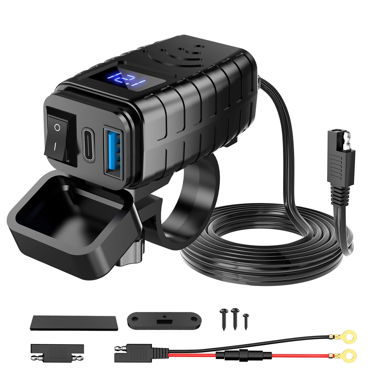 Caricatore per moto doppio USB, adattatore a sgancio rapido, presa QC3.0 PD, tipo C e USB, con interruttore indipendente e voltmetro a LED