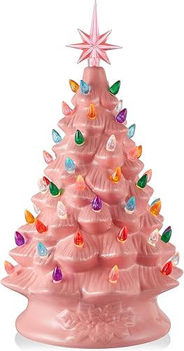 Casafield Árbol de Navidad de cerámica pintado a mano, árbol preiluminado rosa de 15 pulgadas con 128 luces multicolor y 2 adornos de estrellas
