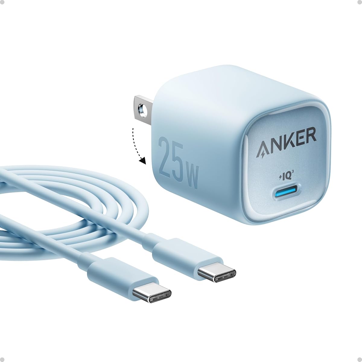 Bloque de cargador USB C Anker de 25 W, cargador compacto plegable tipo C con PPS | Carga rápida para Galaxy S24/Z Fold/Z Flip/Tab, iPhone 17/16 Series, iPad, diseño plegable listo para viajar (azul)