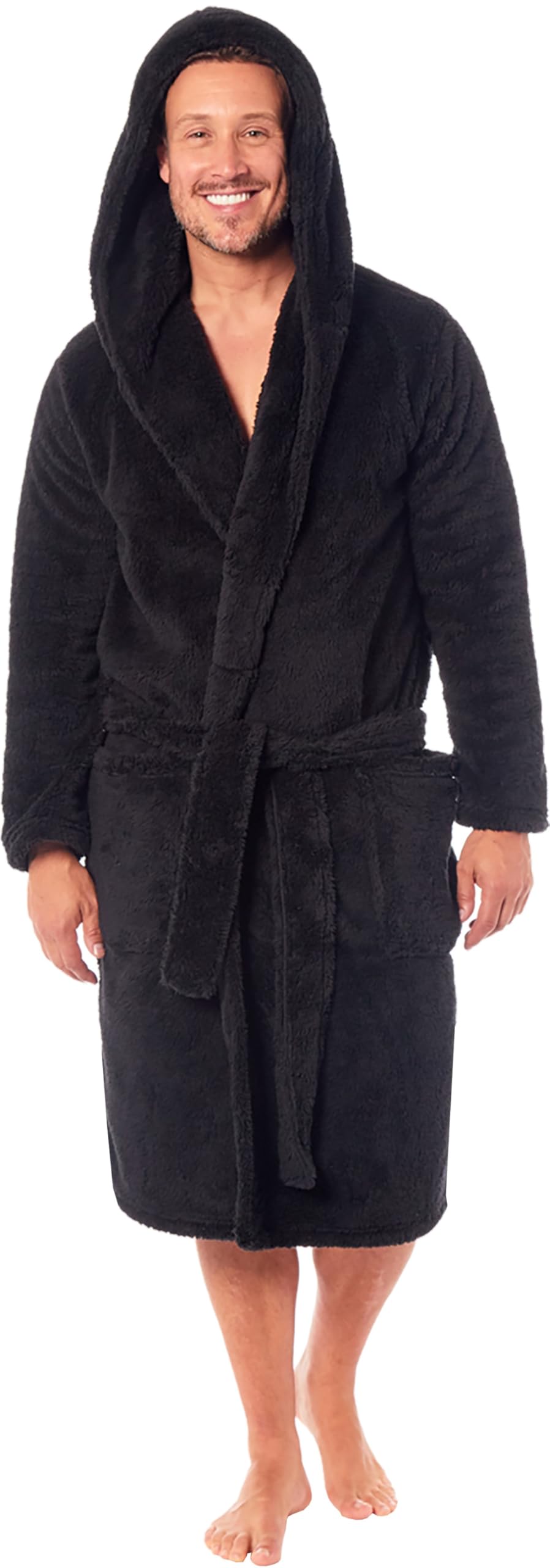 SnuggleME Dressing Gowns for Men | Super Soft Snuggle Hooded Dressing Gown | Men's Warm and Cozy Fleece Nightwear Robe | Gifts for Him BLACK