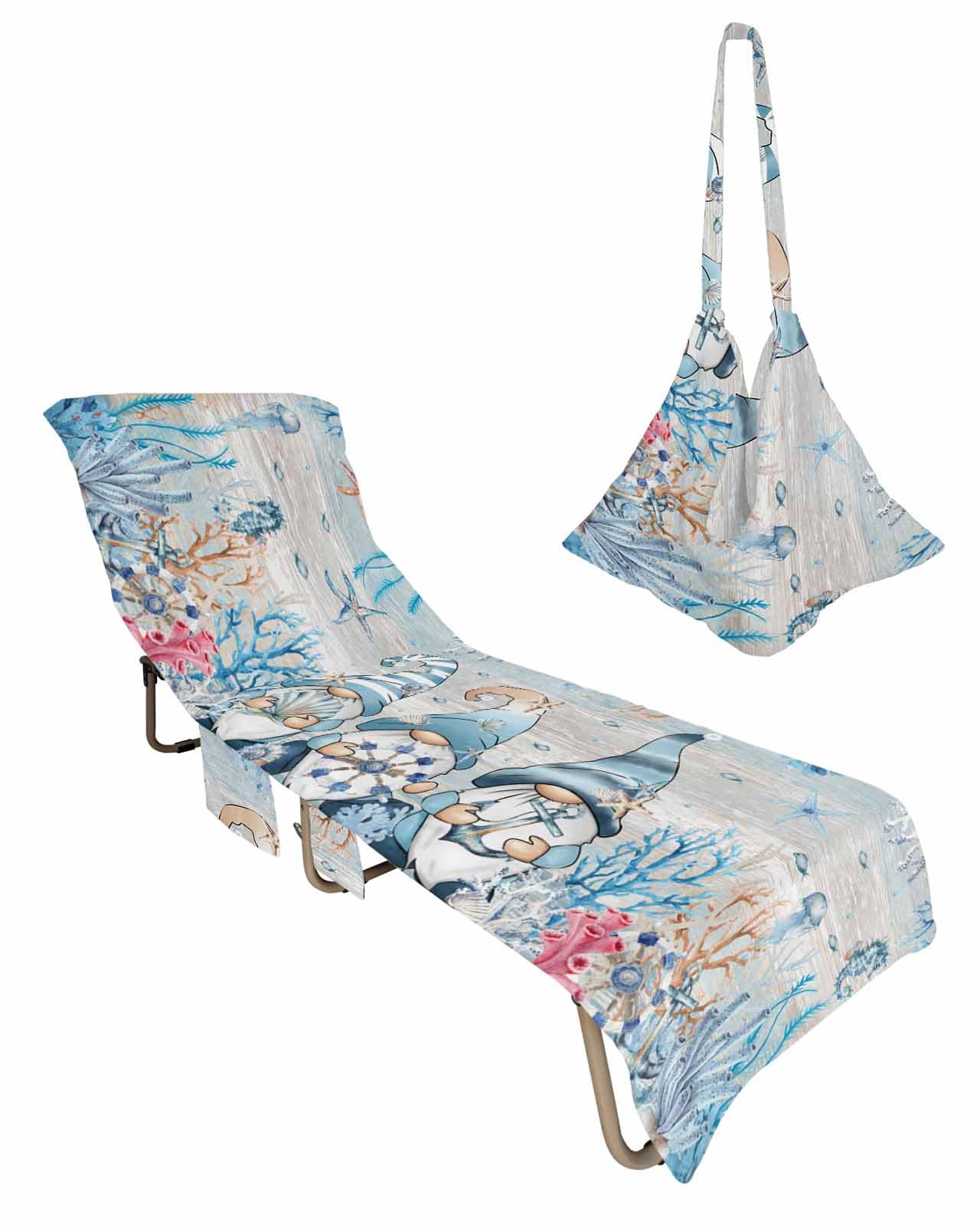 Coastal Gnomes Beach Chair Cover with Side Pockets,Microfiber & Quick Dry Pool Chaise Lounge Chair Towels Covers for Sun Sunbathing Patio Garden,Retro Nautical Anchor Jellyfish Starfish Coral Blue