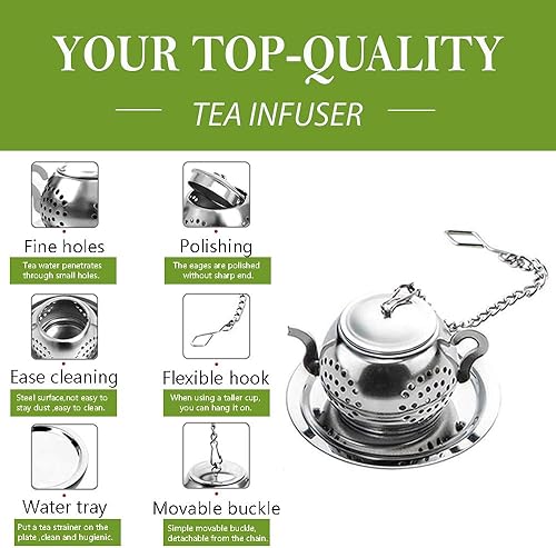 Miniatura 5 de Infusor de té de hojas sueltas, 4 coladores de té de acero inoxidable con cadena y bandejas de goteo, juego de filtros de té pequeños para taza