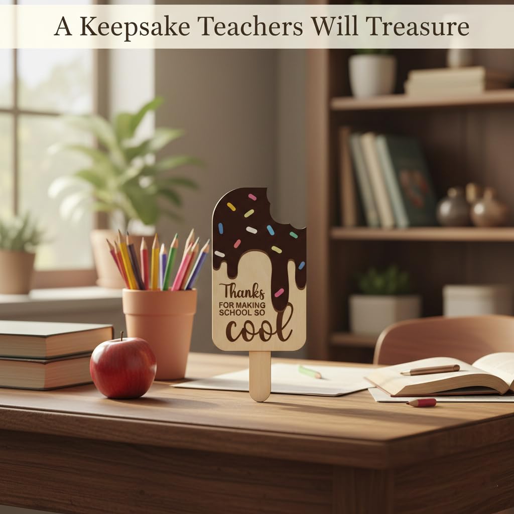School is Cool Set 2 Pieces 3D Wooden Ice Cream Teacher Gift Card Holder, Teacher Appreciation Gift, Thank You Keepsake for Educators, End of Year & Back to School Surprise (Chocolate)