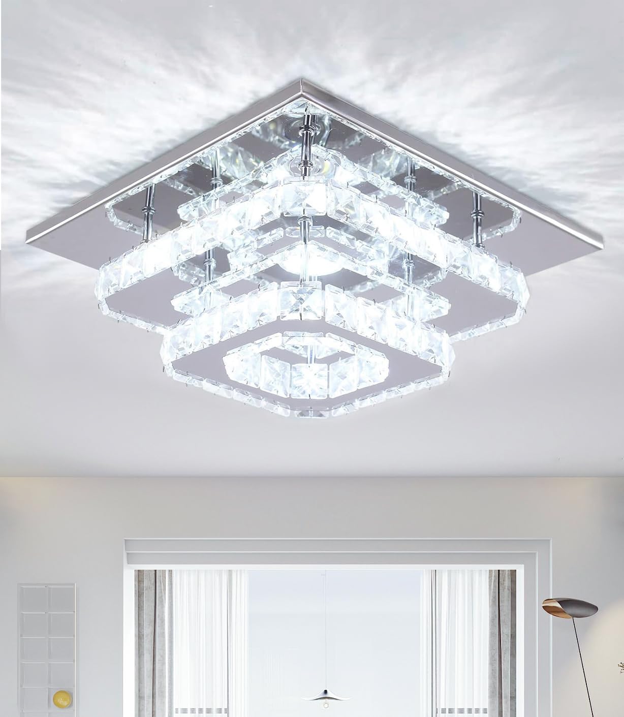 Crystal LED Ceiling Light, Ceiling Crystal Lamp Stainless Steel K9 Modern Flush Mount Lights Fixture Double Square Ceiling Lamp Chandelier for Dining Room Living Room Bedroom Hallway (Cool White)