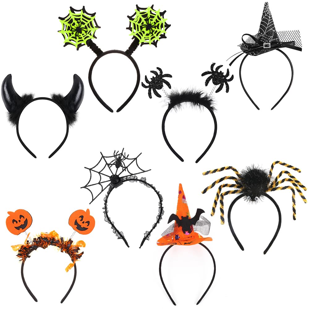 EZGETOP 8 Pcs Halloween Headbands for Women, Halloween Costume Headbands Spider, Bat, Witch Hat, Devil Horns, Spider Legs, Pumpkin, Cobweb, Bat Hat for Costume Cosplay Party Accessories