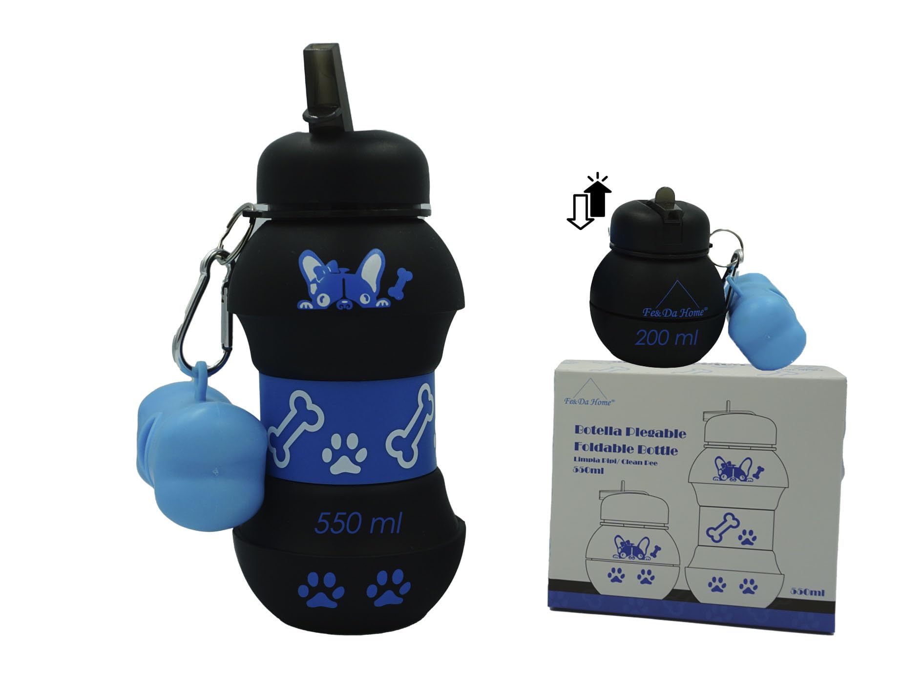 FE&DA HOME 2en1 Botella para Pipi Perros 550ml o 200ml+Dispensador.15 Bolsas Caca Perro Incluidas-Botella Silicona tapón antigoteo-Limpia Pipi Perros Calle-Botella Plegable Perros-Accesorios Perros