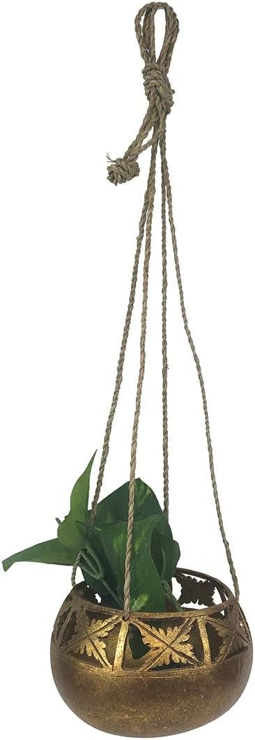 Gold Ceramic Round Hanging Planter with Rope Hanger