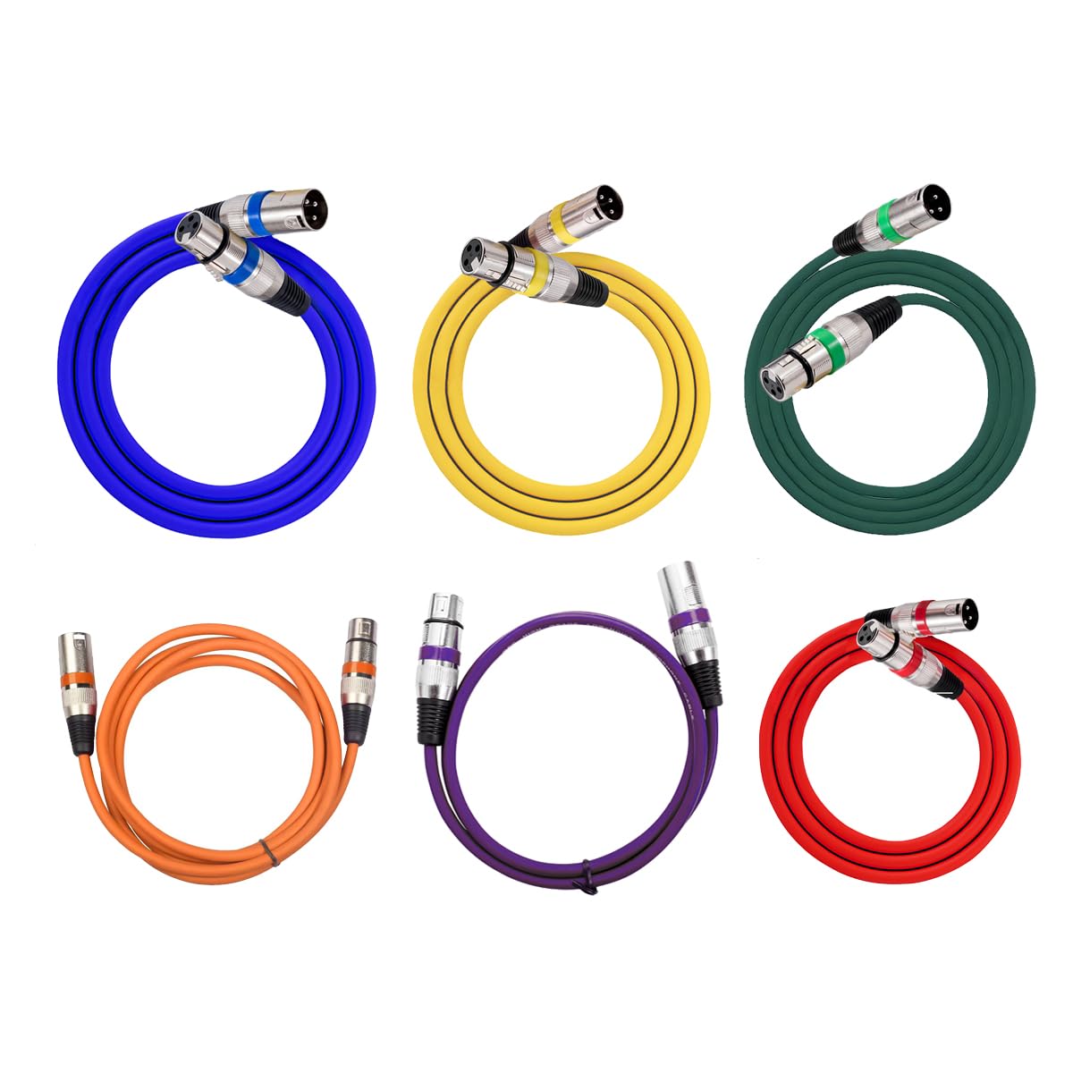 Cable de micrófono XLR (6 Unidades, Macho a Hembra, balanceado, XLR, DMX, 30 cm, Morado, Rojo, Azul, Naranja, Amarillo y Verde)