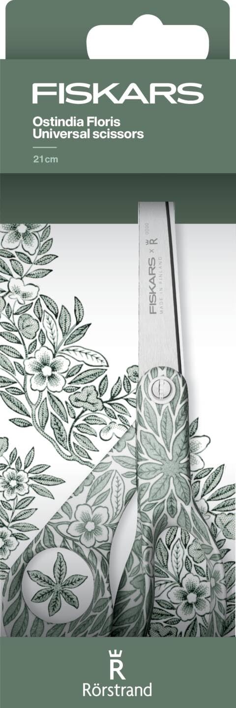 Fiskars Ciseaux FXR 21 cm, Ostindia Floris, Fabriqués en Finlande, Lames en Acier Inoxydable Affûtées avec Précision HRC 57, Manche Ergonomique avec Motif Ostindia, Vert, 1087488