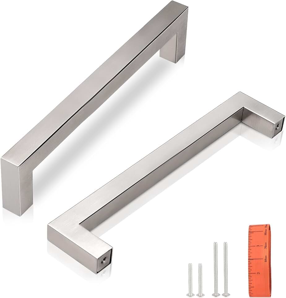 KNOBWELL 10 Pack 5" Brushed Nickel Modern Cabinet Handles Stainless Steel Kitchen Drawer Pulls Square Bar Knobs and Pull Handles - 5" Hole Center, 5-1/2" Overall Length