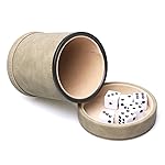 RERIVER Brown Suede Faux Leather Dice Cup with Lid, Soft Felt Interior Quiet Dice Shaker Cup with 6 Dice for Liars Dice/Farkle/Yahtzee Games, 1 Pack