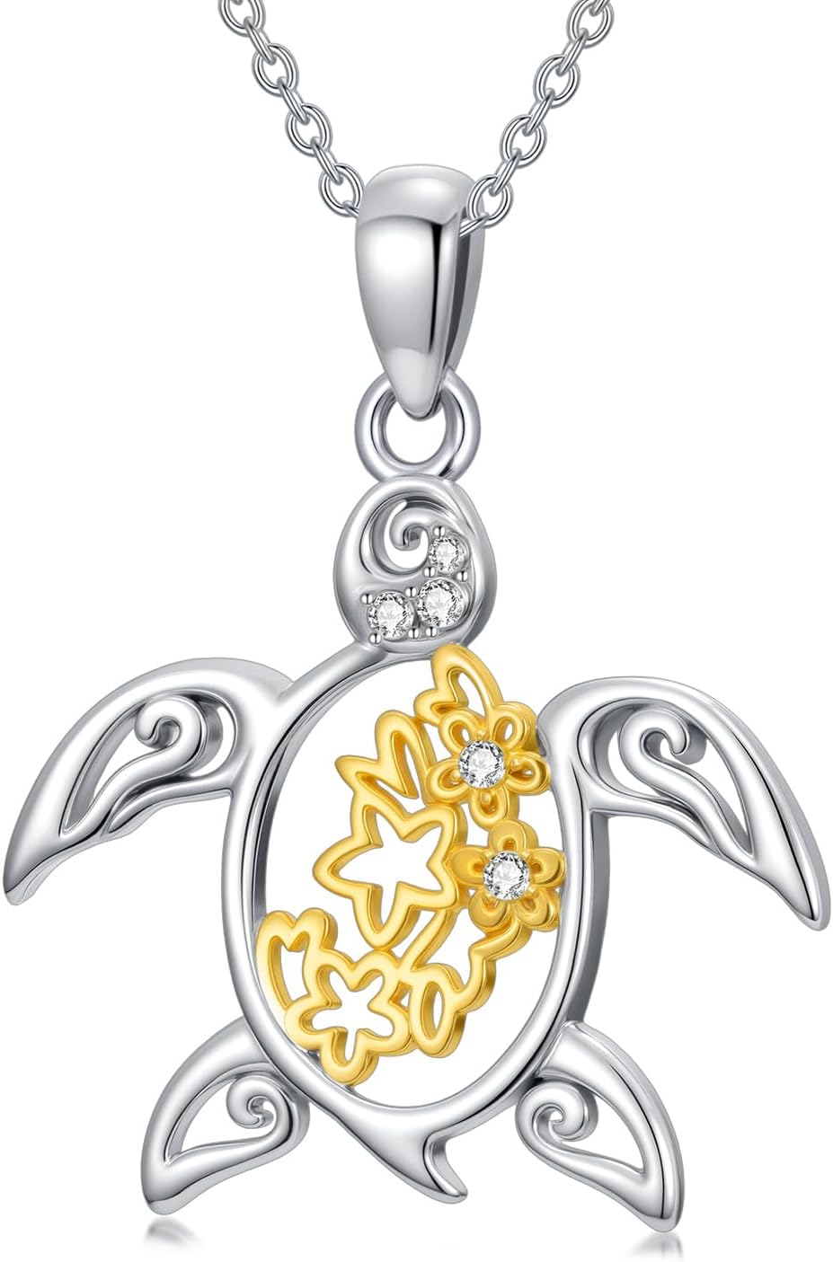 Diamond Sea Turtle Necklace 925 Sterling Silver Flower and Turtle Pendant Necklace with Lab Grown Diamond Jewelry Gifts for Women