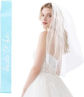 Bride to Be Short Sash Veil, Blue White Bride Sash and Veil Kit Wedding Headband Bachelorette Party Costume Decorations Buddy Hair Accessories for Bridal Shower Bachelorette Party Gift
