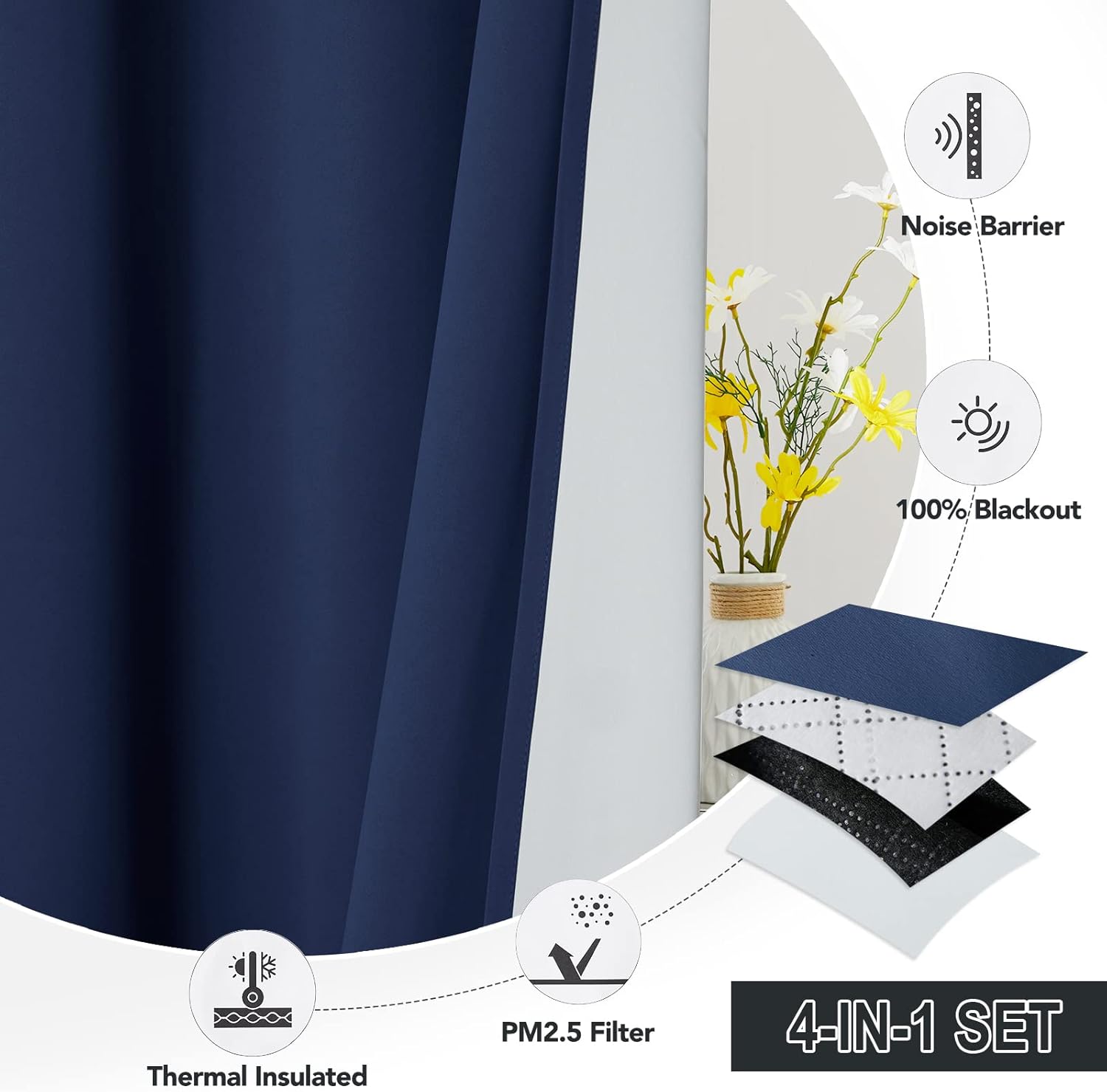 RYB HOME Particle Filtering Curtains Total Blackout Noise Reducing Window Treatment Dust Filter Thermal Insulated Drapes for Studio Laundry Room Furance, Navy Blue, W52 x L63 inch, 2 Panel