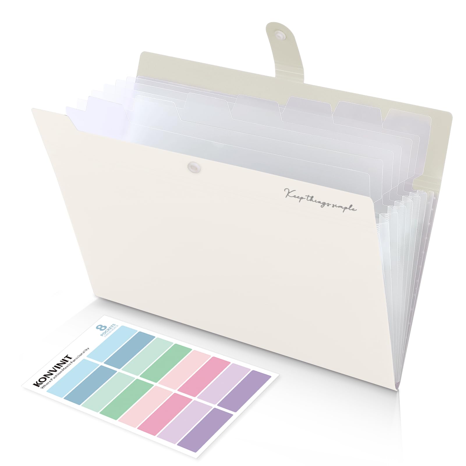 KONVINIT Document Folder A4 Document Bag Coloured Expanding Folder A4 with 8 Compartments Folder with Compartments Organiser Folder Made of Plastic, Robust Folder with Motif, Cream White