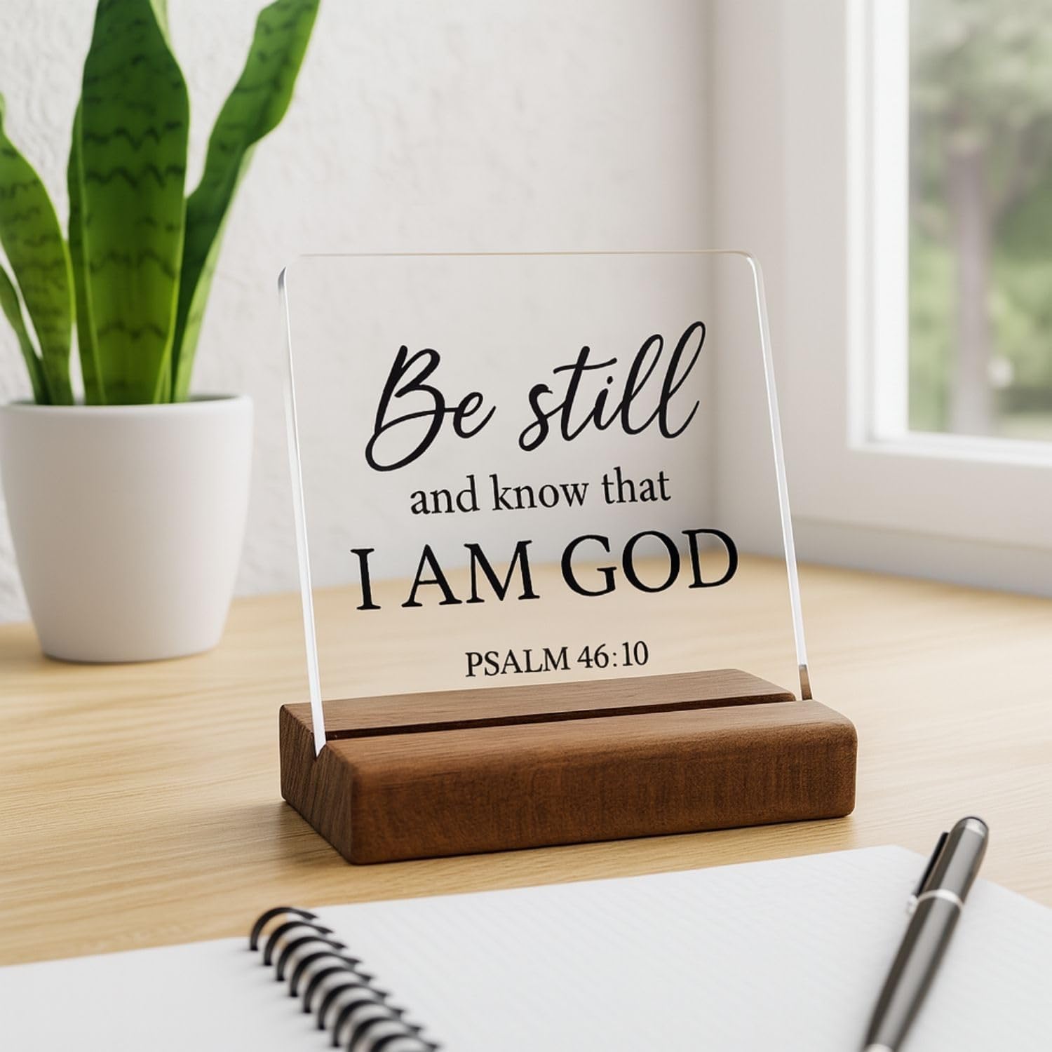 Be Still and Know That I Am God Psalm 46:10 Acrylic Plaque with Wooden Base | Christian Bible verse decor, clear acrylic plaque, wooden base, inspirational gift for women and men, home or office desk