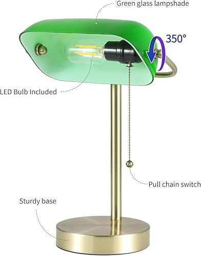 Miniatura 7 de Newrays Lámpara de escritorio tradicional de cristal verde banqueros con interruptor de cadena enchufable, bombilla LED incluida