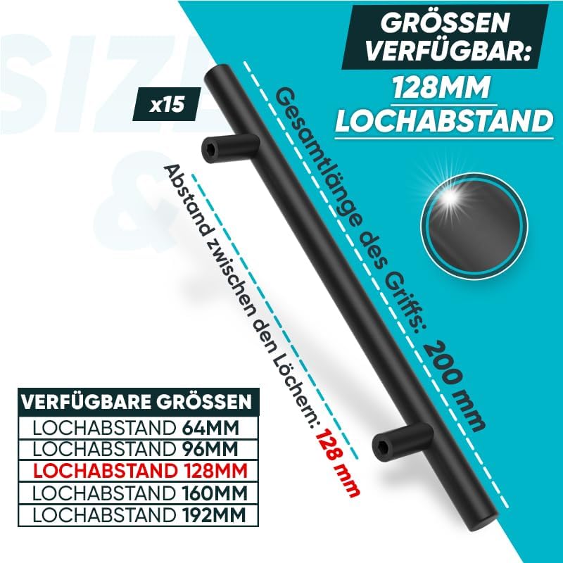 BAILROP Fekete Bútor Fogantyú 128mm - 15 Darabos Szett Konyha és Ajtóhoz