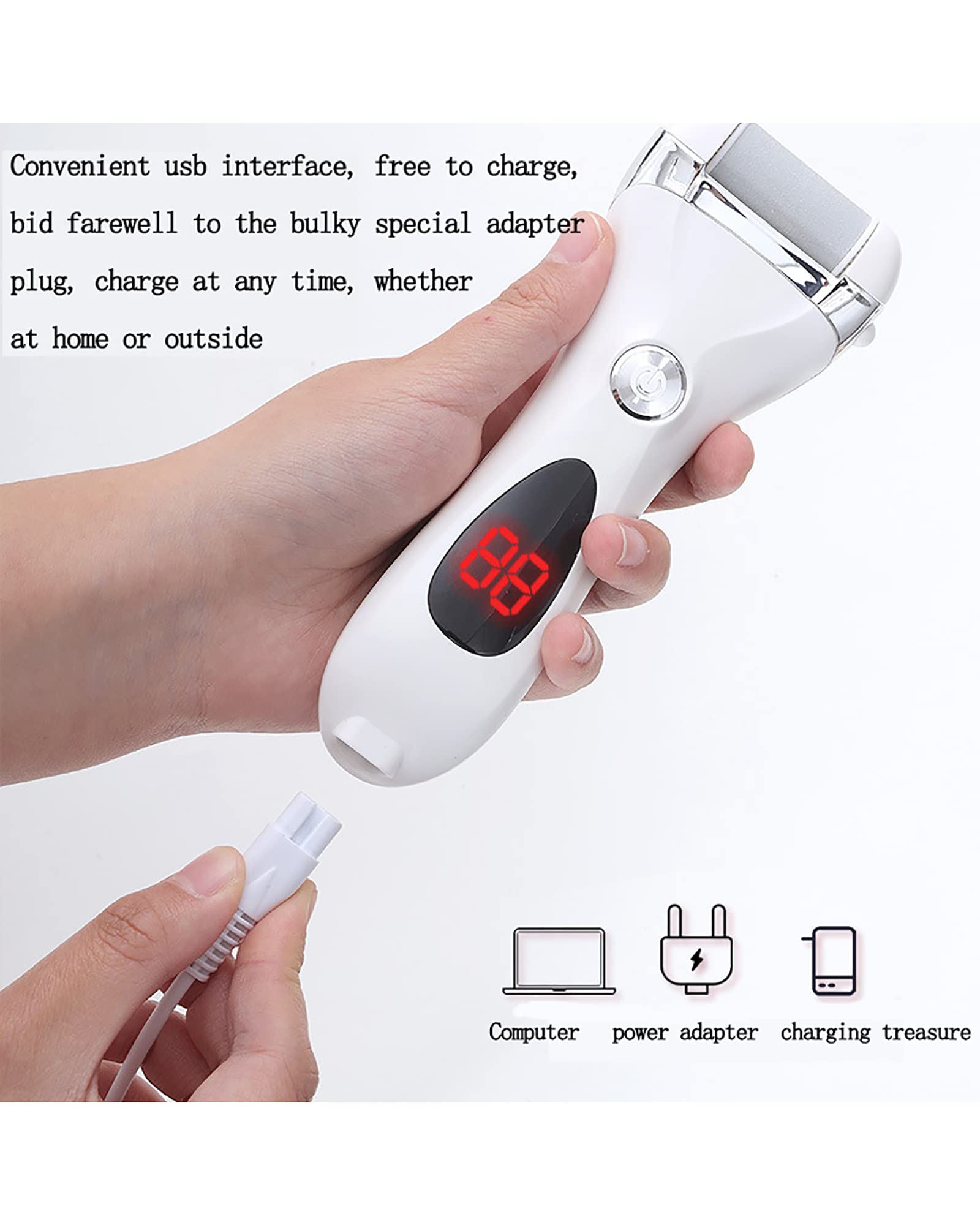 Removedor de Callos USB Lima eléctrica para pies Pantalla Digital LED Herramientas de Cuidado de pedicura con 3 Cabezales de Rodillos y 2 velocidades para Talones agrietados y Piel Muerta,