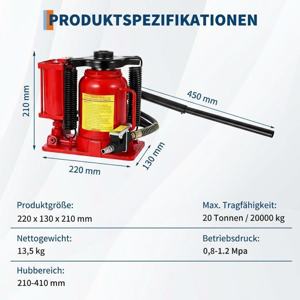 Pneumatischer & Manueller Flaschenheber 20T, Niedrigprofil, Hubhöhe 210,
