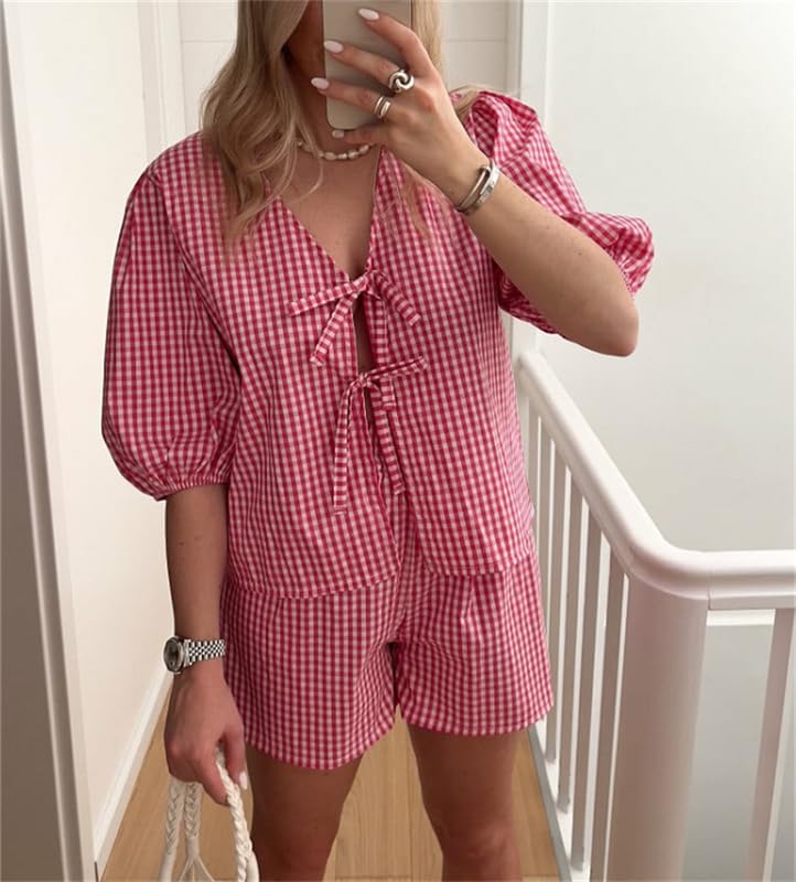 Image of Yuemengxuan Women Y2k Peplum Shirt Shorts Set Two Piece Lounge Set Pajamas Sets Puff Sleeve Tie Front Top 2pcs Pj Outfits