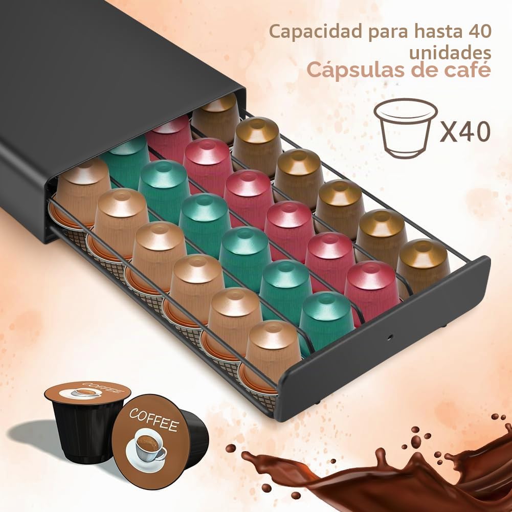 Soporte para cápsulas de café, cajón para guardar 40 cápsulas de café, dispensador de cápsulas de café de metal, con superficie antideslizante, color negro, 37,5 x 17,5 x 5,3 cm, 1160 g