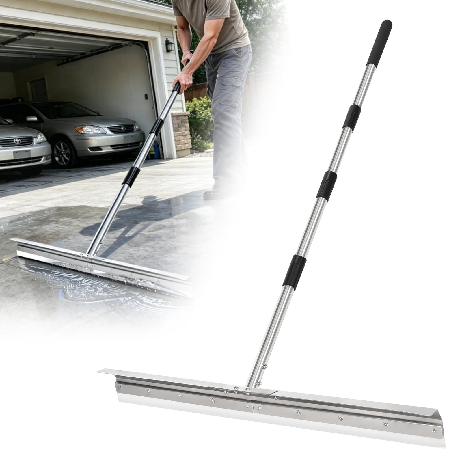 Heavy-Duty Large Floor Squeegee for Concrete, 33.4" Commercial Silicone Blade Squeegee for Floor with 63" Stainless Handle, Anti-Splash Curved Baffle for Garage, Factory, and Tough Cleaning Jobs-image-30