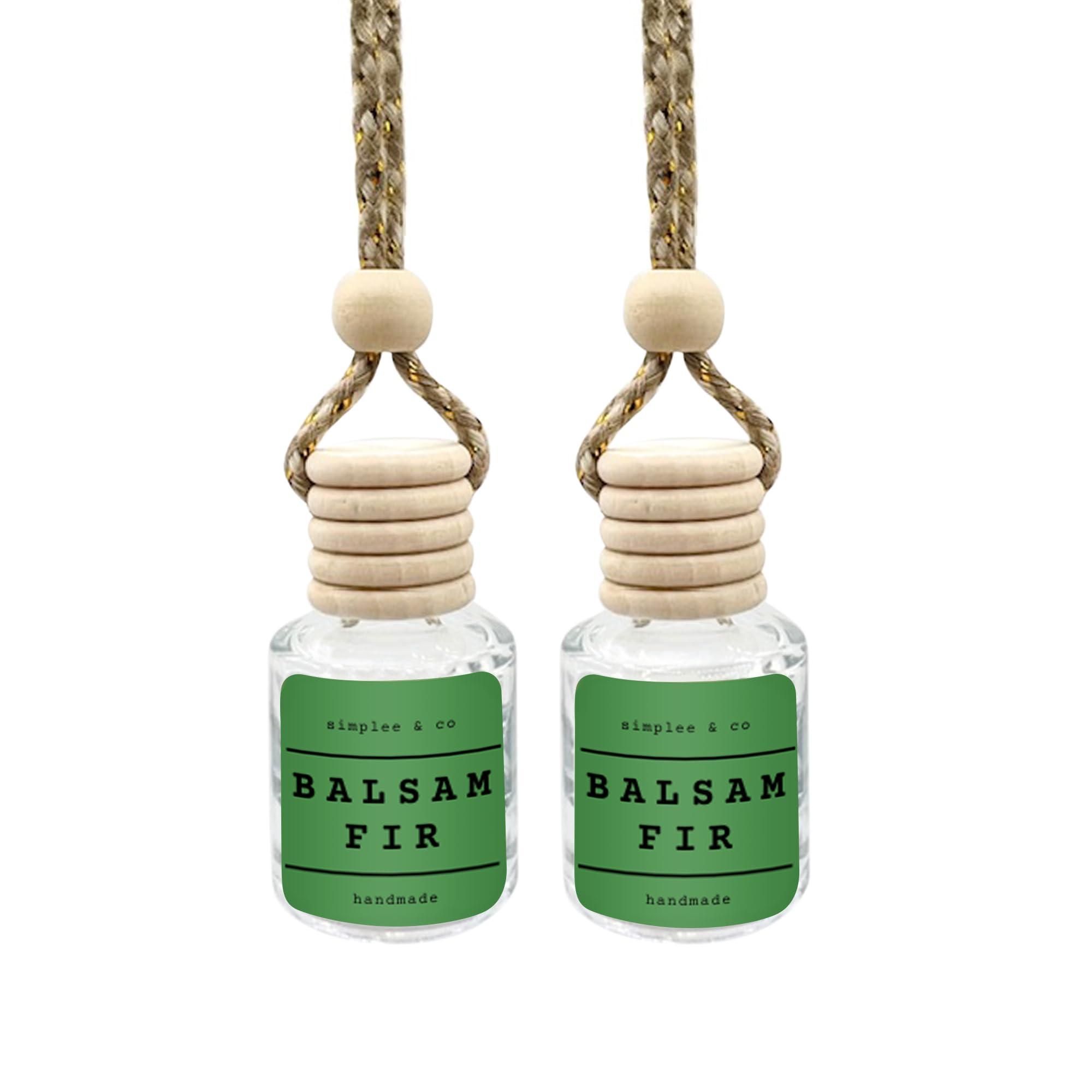 Balsam Fir Car Air Freshener Hanging, Long Lasting Essential Oil Diffuser for Car, 2 Pack Fragrance, Reusable Glass Bottle Car Freshener, Made in USA Simplee &amp; Co