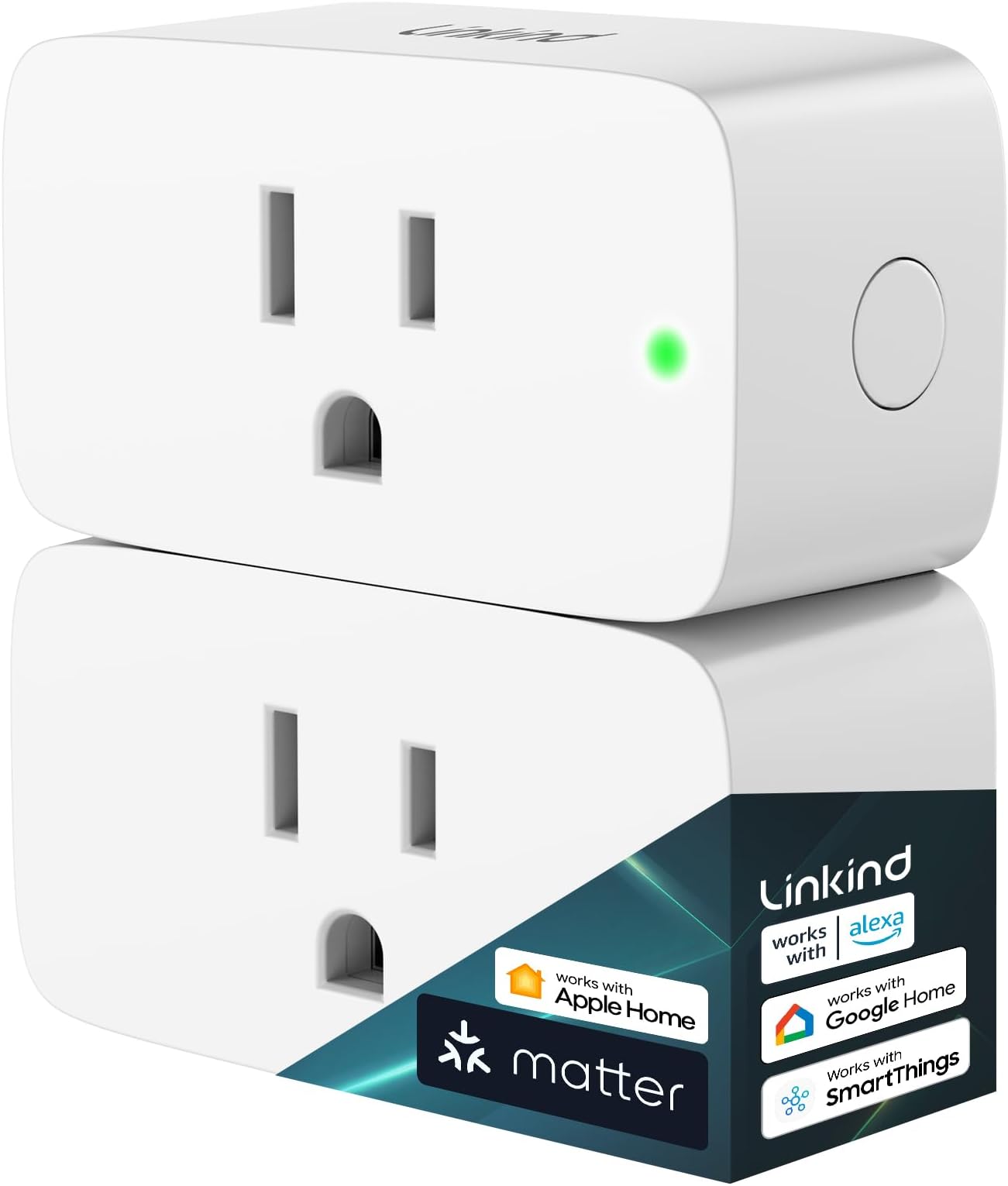 Linkind Matter Smart Plug, Work with Apple Home, Siri, Alexa, Google, SmartThings, Smart Outlet 15A/1800W Max, Smart Home Automation, APP Remote Control,Timer&Schedule, 2.4G Wi-Fi Only, 2 Pack