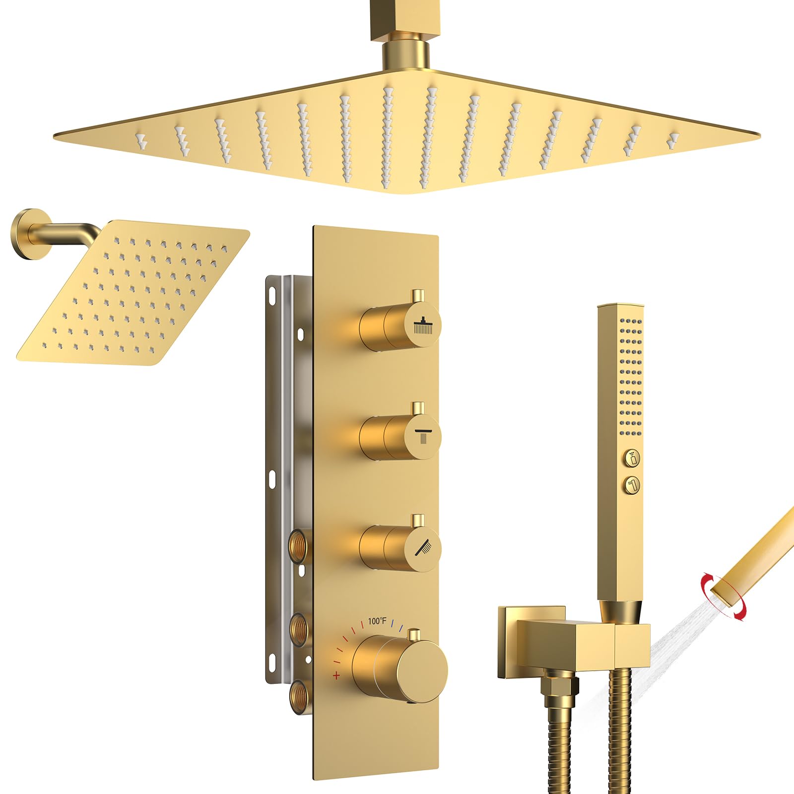 Shower Faucet Set,Thermostatic Shower System Brushed Gold,12 Inch Ceiling Mounted and 6 Inch Wall Mount Rain Shower Head with 2 in 1 Handhled,High Pressure Dual Shower Head Combo Set