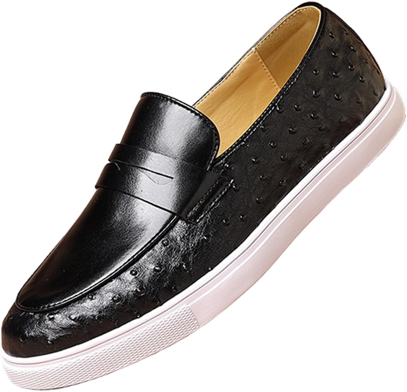 Mens Leather Platform Round Toe Slip On Loafers Retro Comfortable Thick Sole Handsfree Lightweight Penny Loafers for Casual Daily Walk