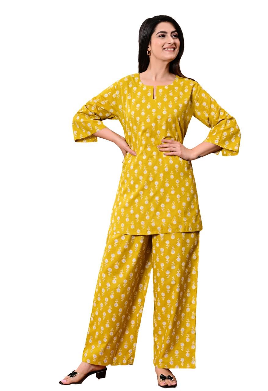 Women's Printed Cotton Night Suit Set | 3/4 Sleeve Top & Pajama Loungewear | Soft Breathable Mustard Yellow Sleepwear with Pockets-picture-15
