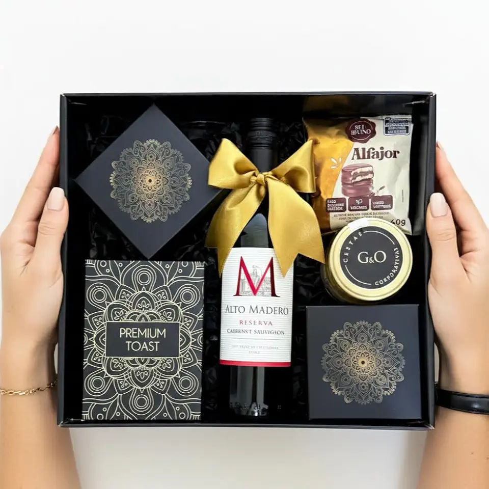 Cesta Presente Gourmet com Vinho Importado – Caixa Premium com Laço Dourado para Presentear com Elegância
