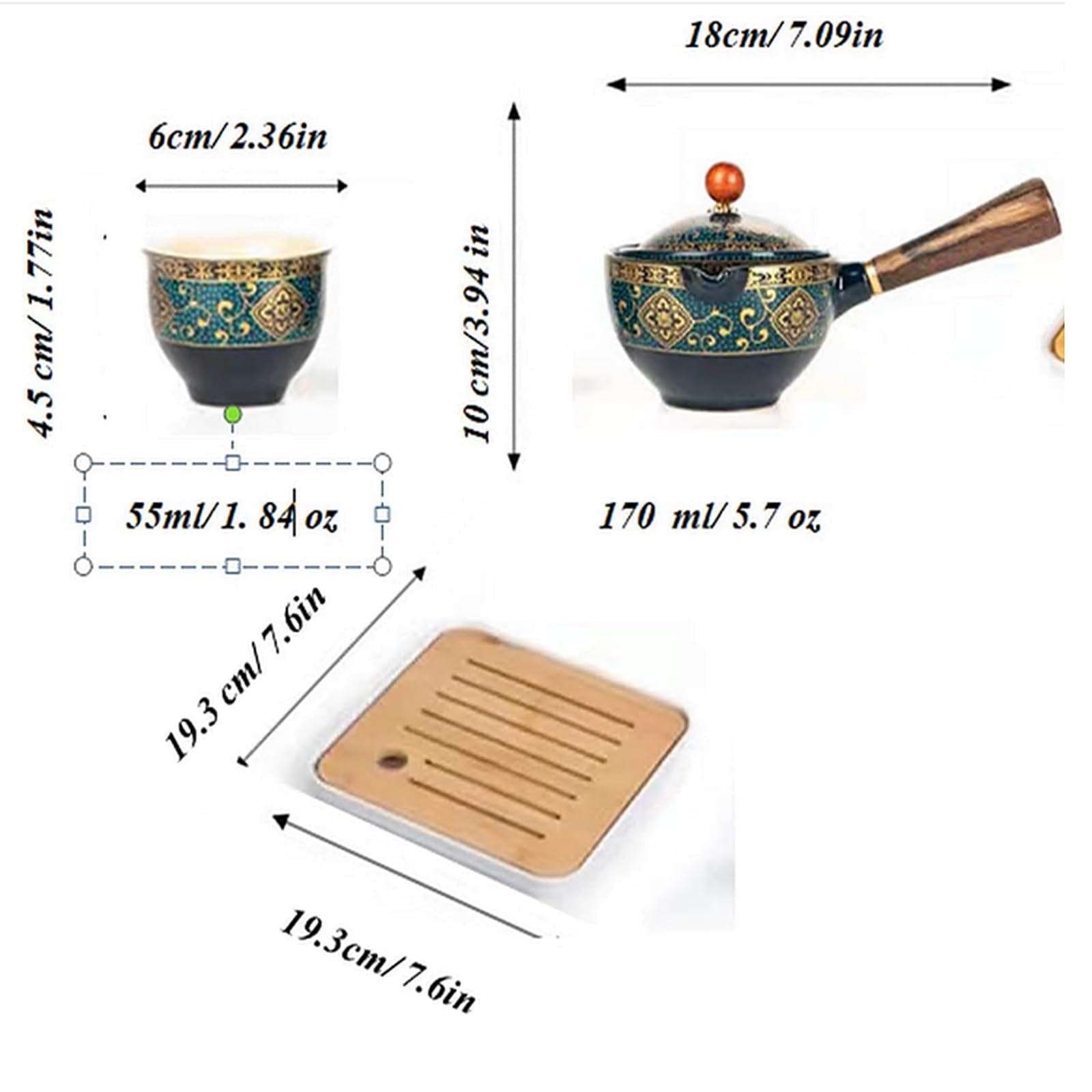 Juego de té de viaje portátil de cerámica, juego de té kungfu chino con tetera de rotación 360 e infusor, 4 tazas de té, bandeja de té y bolsa de viaje (estampado negro)