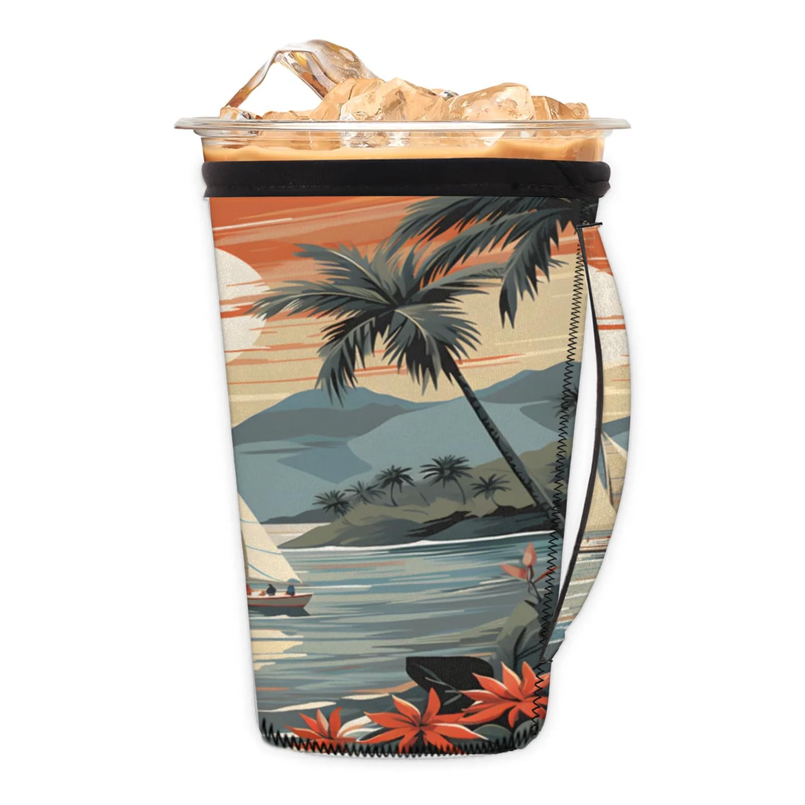 Island Sailing Coconut Tree Reusable Neoprene Coffee Sleeve with Handle Insulated Iced Coffee Cup Holder Reduces Condensation Fits 24-28 oz Cups M