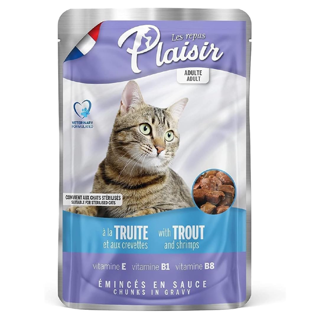 PLAISIR Plasir Cats Chunks in Gravy Wet Food Cat, Trout and Shrimps, Food for Cat, Wet Cat Food, Veterinary Formulated Ingredients, Healthy Wet Cat Food
