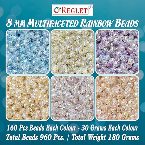 Image of 960 Pcs Multi Faceted Rainbow Crystal Beads for Jewellery Making Kit - Beads for Bracelet Making Kit - Beads for Craft - Acrylic - Multicolour - 180g, 8mm