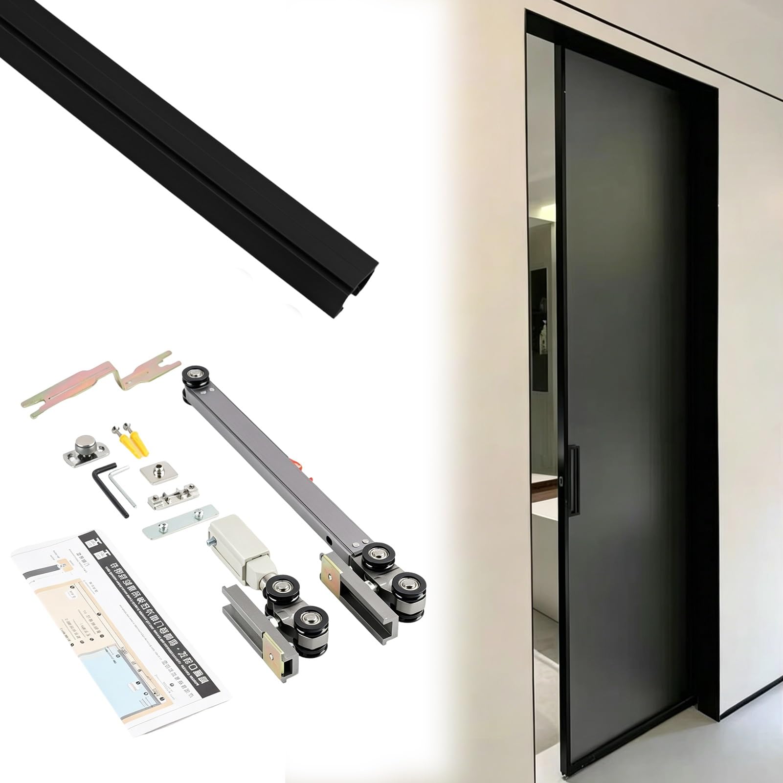 Silent Soft-Press Sliding Door Track Hardware, Push Open Pocket Door Rail Set for Bedroom, Modern Invisible Glass Bypass Door Track System(Black,9.2ft/2.8m)