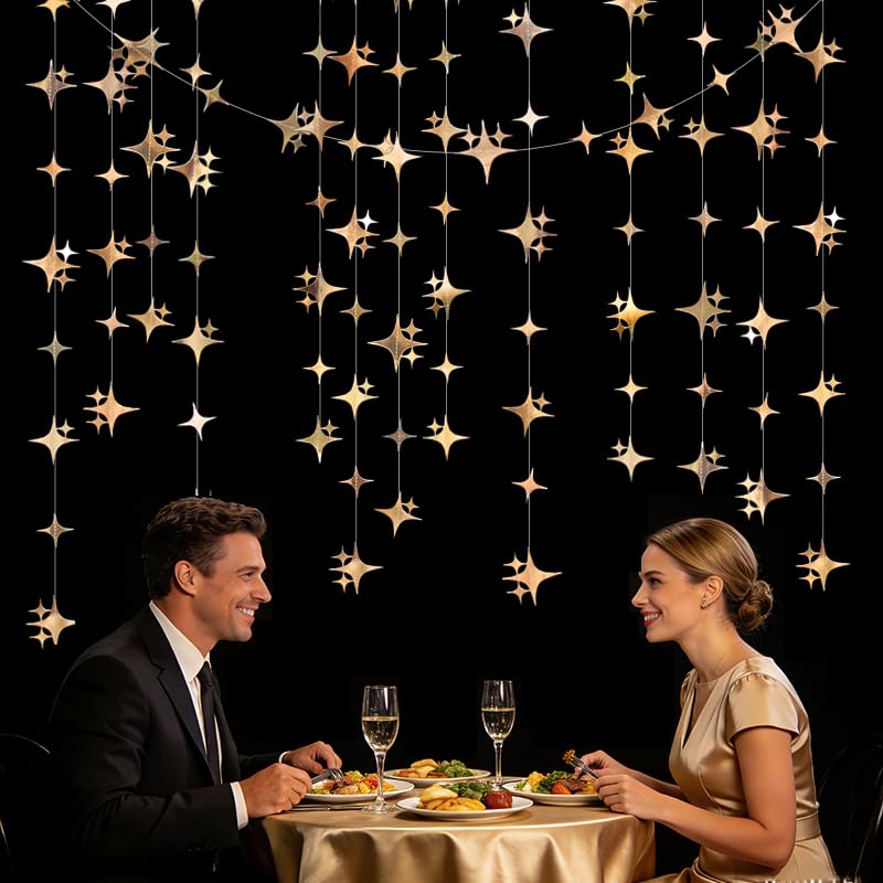 Image of Glitter Champagne Four-Angle Star Paper Garland Banner Decor 40 Feet Twinkle Champagne Star Hanging Bunting Banner Backdrop for Wedding Baby Shower Birthday Graduation Disco Party Decorations