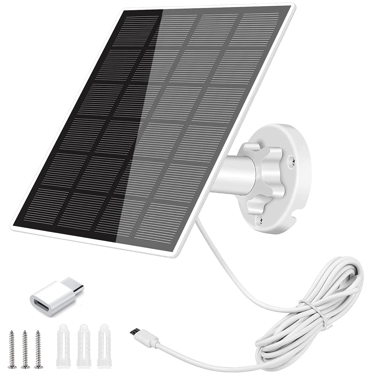 Solar Panel for Security Camera 5W USB Solar Panel Charger Ip65 Waterproof Solar Charger with 360°Adjustable Mounting 9.1ft Micro USB Port Charging Cable USB-C Port (1pcs)