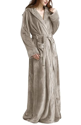 Flygo Womens Fuzzy Plush Long Hooded Robe Full Length Flannel Fleece Bathrobe Warm Housecoat - Small - Olive Grey